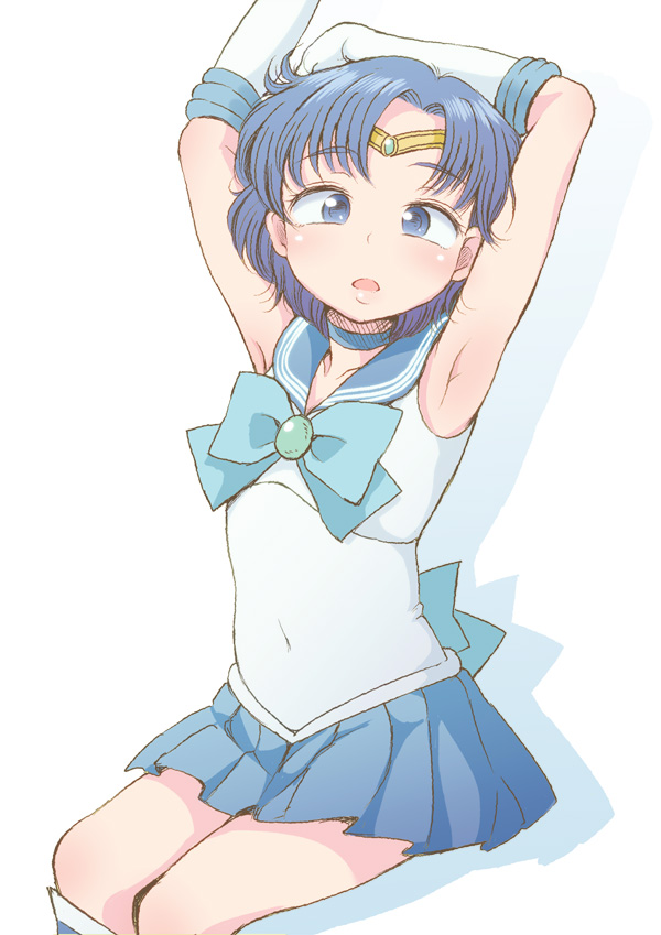 1girl, armpits, arms_up, bishoujo_senshi_sailor_moon, blue_bow, blue_eyes, blue_hair, blue_skirt