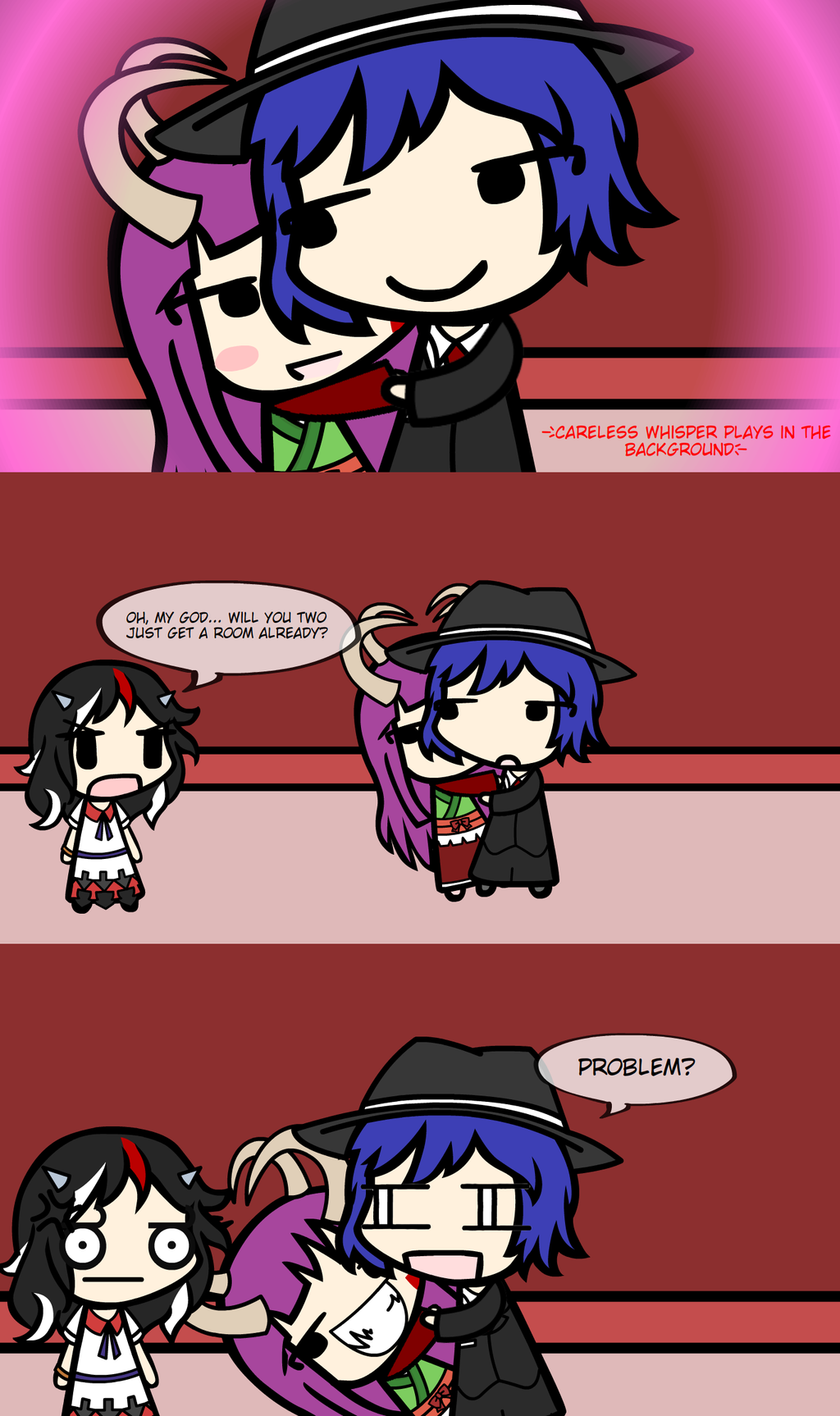 1boy, 2girls, 3koma, blush, blush_stickers, borrowed_character, comic, disgaea4everdood, english, isonade_midare, karuma_shinji, kijin_seija, original, they_had_lots_of_sex_afterwards, touhou, trolling, walfas