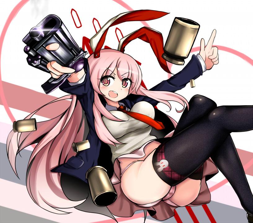 1girl, animal_ears, ass, black_legwear, breasts, finger_gun, gun, handgun