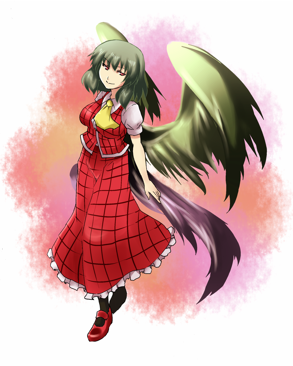breasts, green_hair, highres, kazami_yuuka, long_skirt, mary_janes, plaid, plaid_skirt