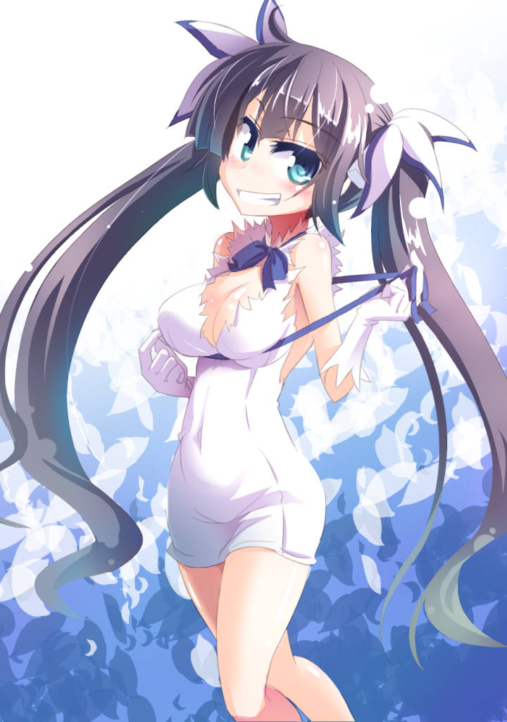 1girl, :d, aqua_eyes, bare_shoulders, black_hair, blush, bow, breasts, cleavage, cleavage_cutout, clenched_teeth, cowboy_shot, dress, dungeon_ni_deai_wo_motomeru_no_wa_machigatteiru_darou_ka, fang, gloves, green_eyes, grind, hair_ribbon, hestia_(dungeon), kazekawa_nagi, long_hair, looking_at_viewer, open_mouth, ribbon, skin_tight, skindentation, smile, teeth, twintails, white_dress, white_gloves