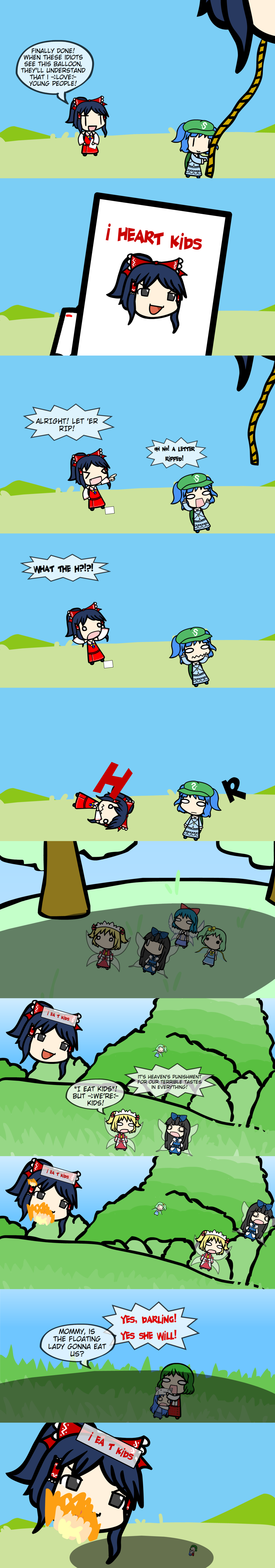 6+girls, amewara_noriko, burning, chibi, comic, english, gravity_falls, hakurei_reimu, kawashiro_nitori, kazami_yuuka, luna_child, original, parody, star_sapphire, sunny_milk, tobiobito4ever_(thegapyoukai), touhou, walfas, white_flower_of_summer, yukkuri_shiteitte_ne