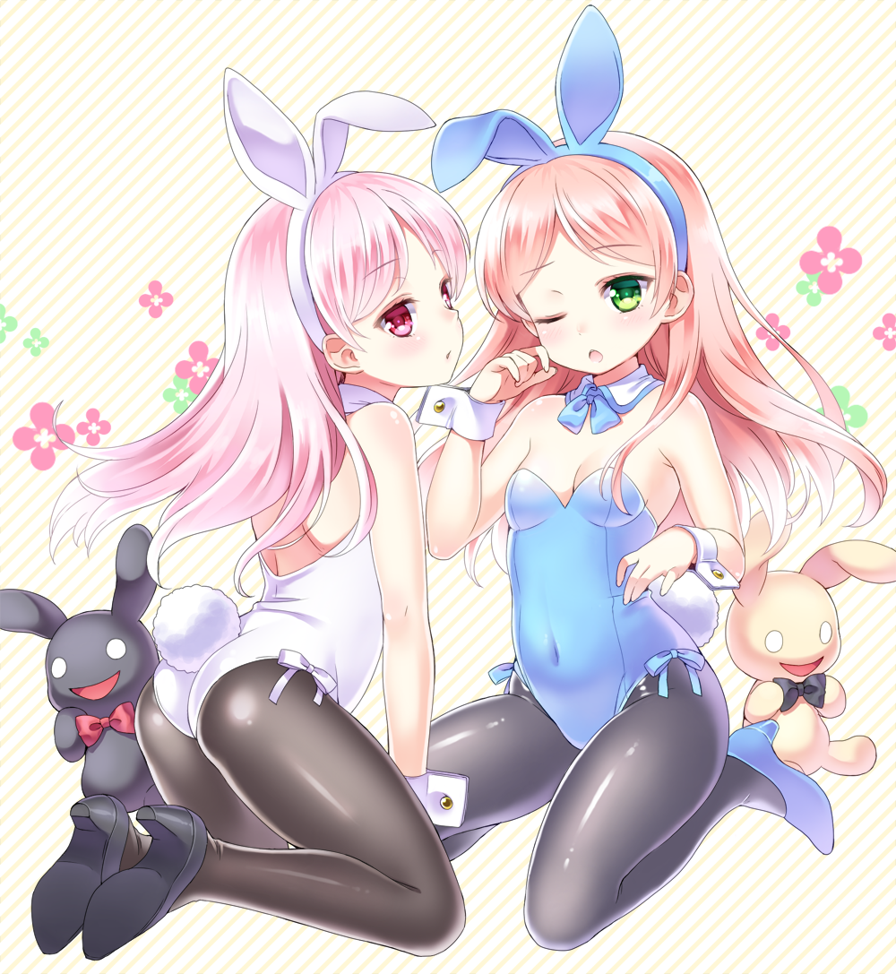 2girls, animal_ears, blush, bunnysuit, detached_collar, green_eyes, high_heels, long_hair
