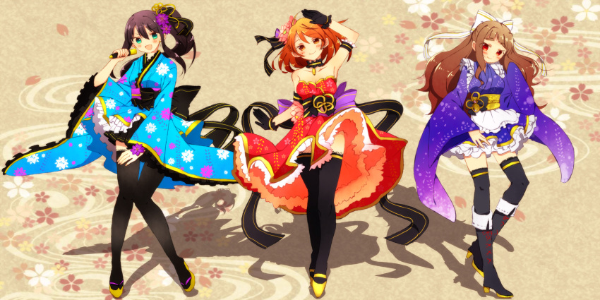 3girls, bare_shoulders, brown_eyes, brown_hair, gloves, highres, houjou_karen, idolmaster, idolmaster_cinderella_girls, japanese_clothes, jru_(xx201), kamiya_nao, long_hair, microphone, multiple_girls, open_mouth, ponytail, shibuya_rin, short_hair, smile, thigh-highs, wide_sleeves