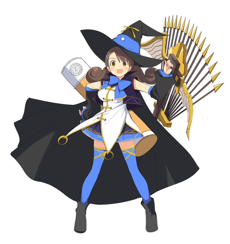 1girl, aimu_(senran_kagura), bangs, blush, bow, bow_(weapon), bowgun, breasts, brown_eyes, brown_hair, cape, curly_hair, hair_ornament, hairclip, hat, headwear, huge_breasts, official_art, senran_kagura, senran_kagura_(series), senran_kagura_new_wave, solo, thigh-highs, weapon, wizard_hat, yaegashi_nan, zodiac