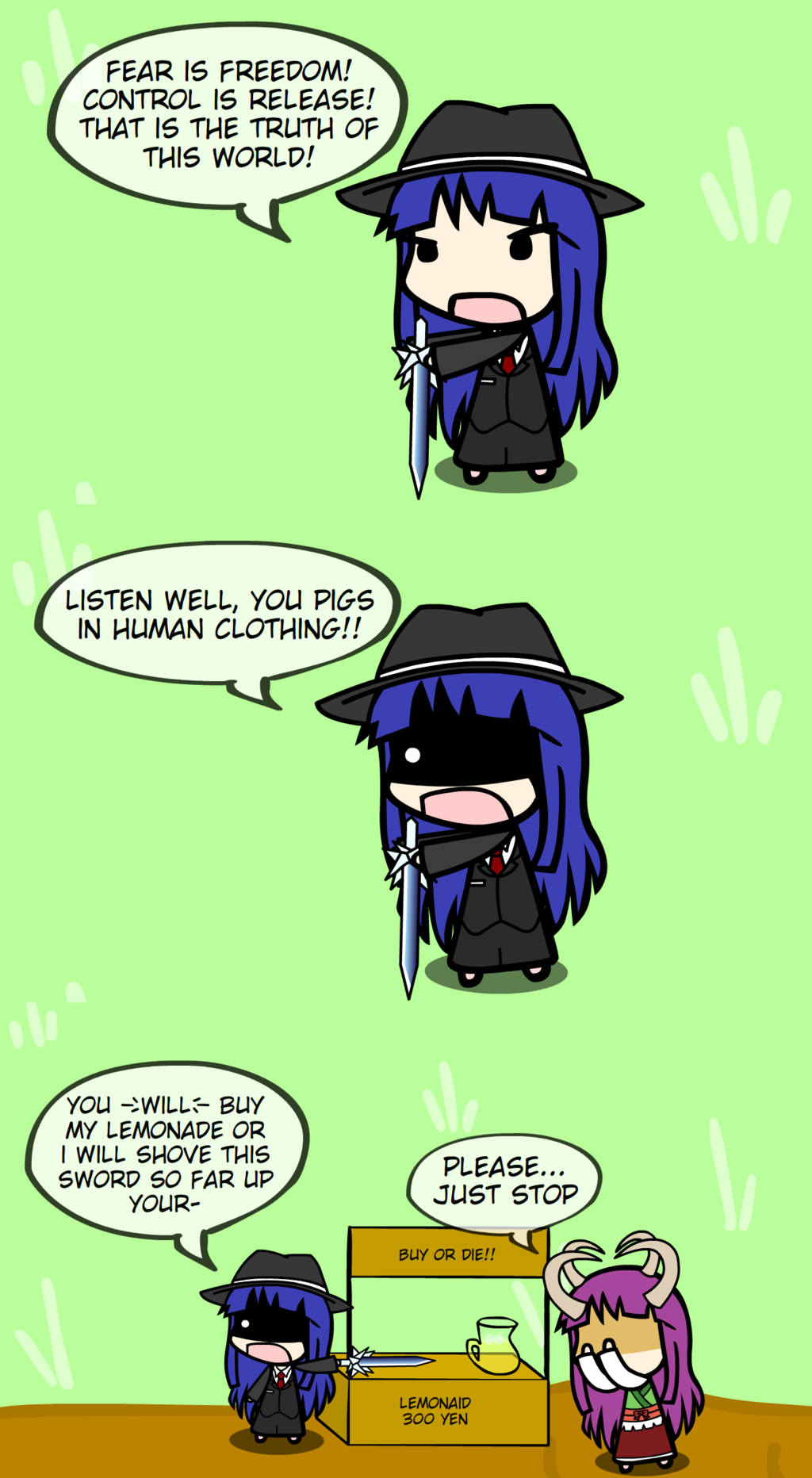 2girls, comic, covering_face, embarrassed, english, fedora, female, hat
