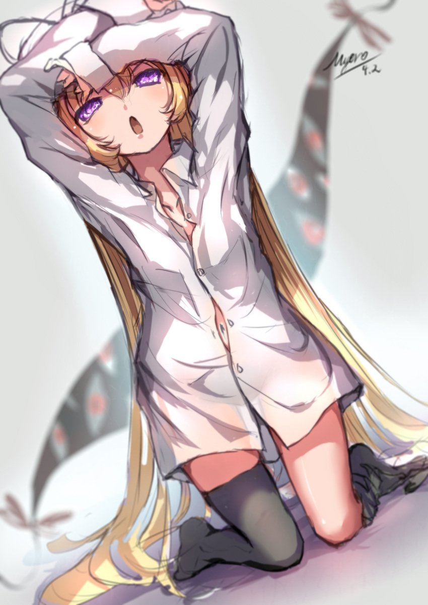 1girl, absurdres, arms_up, black_legwear, blonde_hair, chestnut_mouth, collarbone, gap