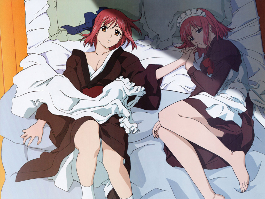 2girls, apron, barefoot, bed, blue_eyes, bow, breasts, cleavage