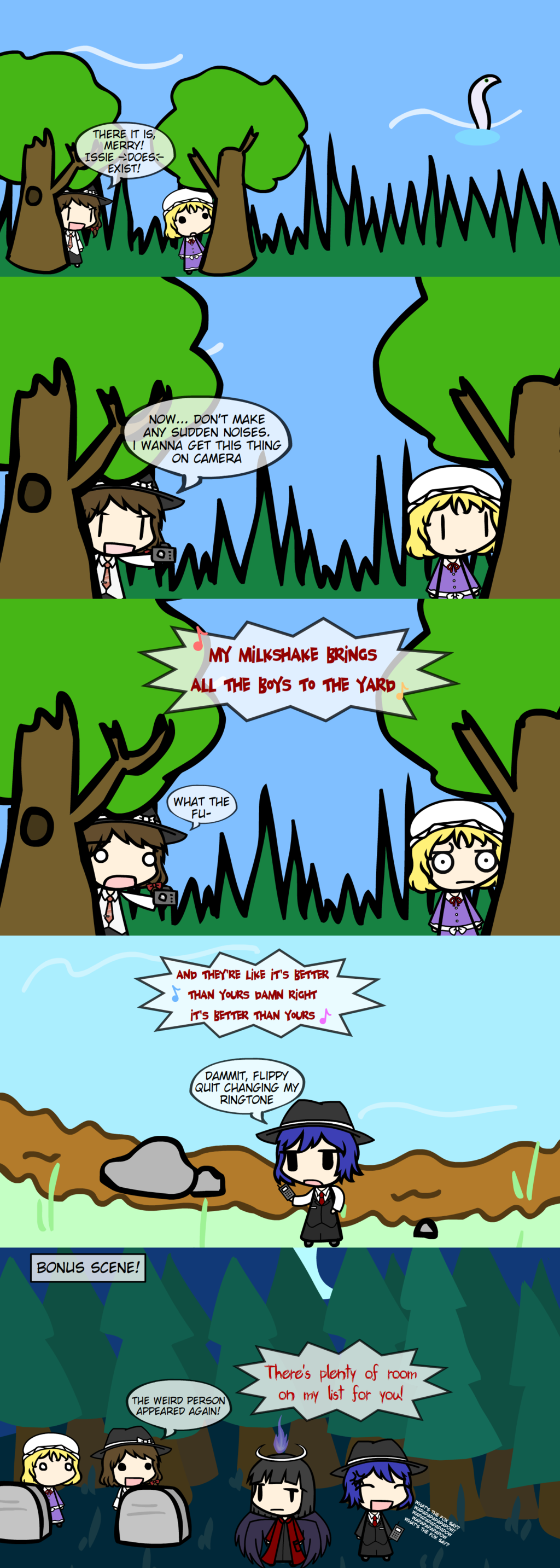 1boy, 3girls, 5koma, angry, borrowed_character, camera, comic, english, fedora, forest, gravestone, issie, karuma_makise, karuma_shinji, lake, maribel_hearn, meme, original, phone, profanity, smile, tobiobito4ever_(thegapyoukai), touhou, usami_renko