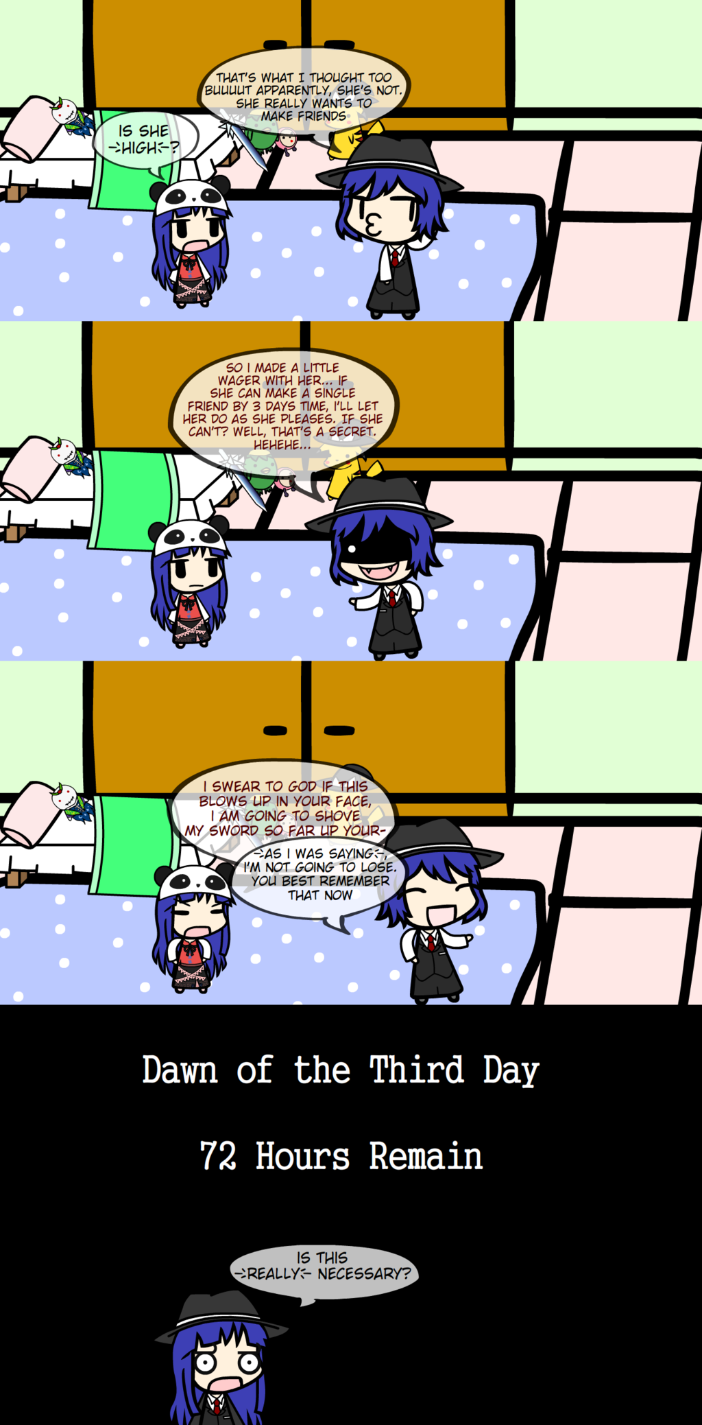 1boy, 1girl, angry, borrowed_character, chibi, father_and_daughter, fedora, karuma_shinji