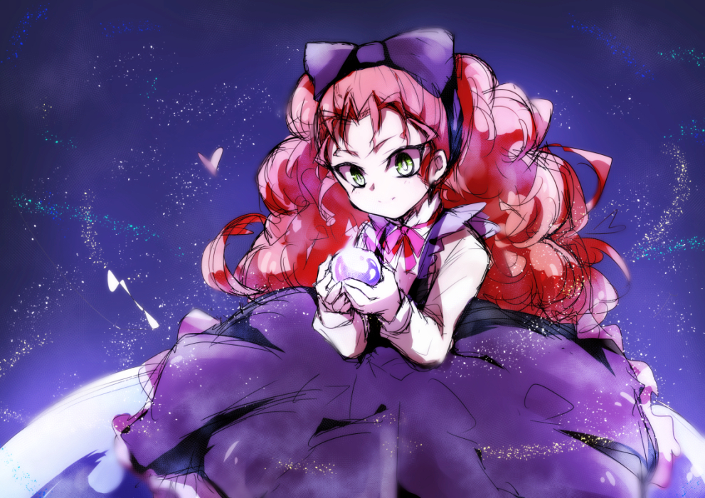 1girl, bow, crystal_ball, dress, green_eyes, hair_bow, hochun_mieru, long_hair, orange_hair, shiunga315, smile, solo, yuu-gi-ou, yuu-gi-ou_arc-v