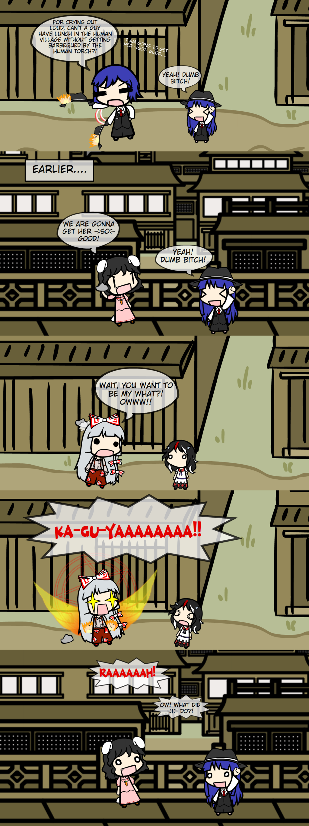 >_<, 1boy, 4girls, angry, arm_up, borrowed_character, burning, comic