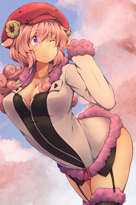 1girl, animal_ears, garter_straps, hat, kuromiya, kuzakura_mika, long_hair, one_eye_closed