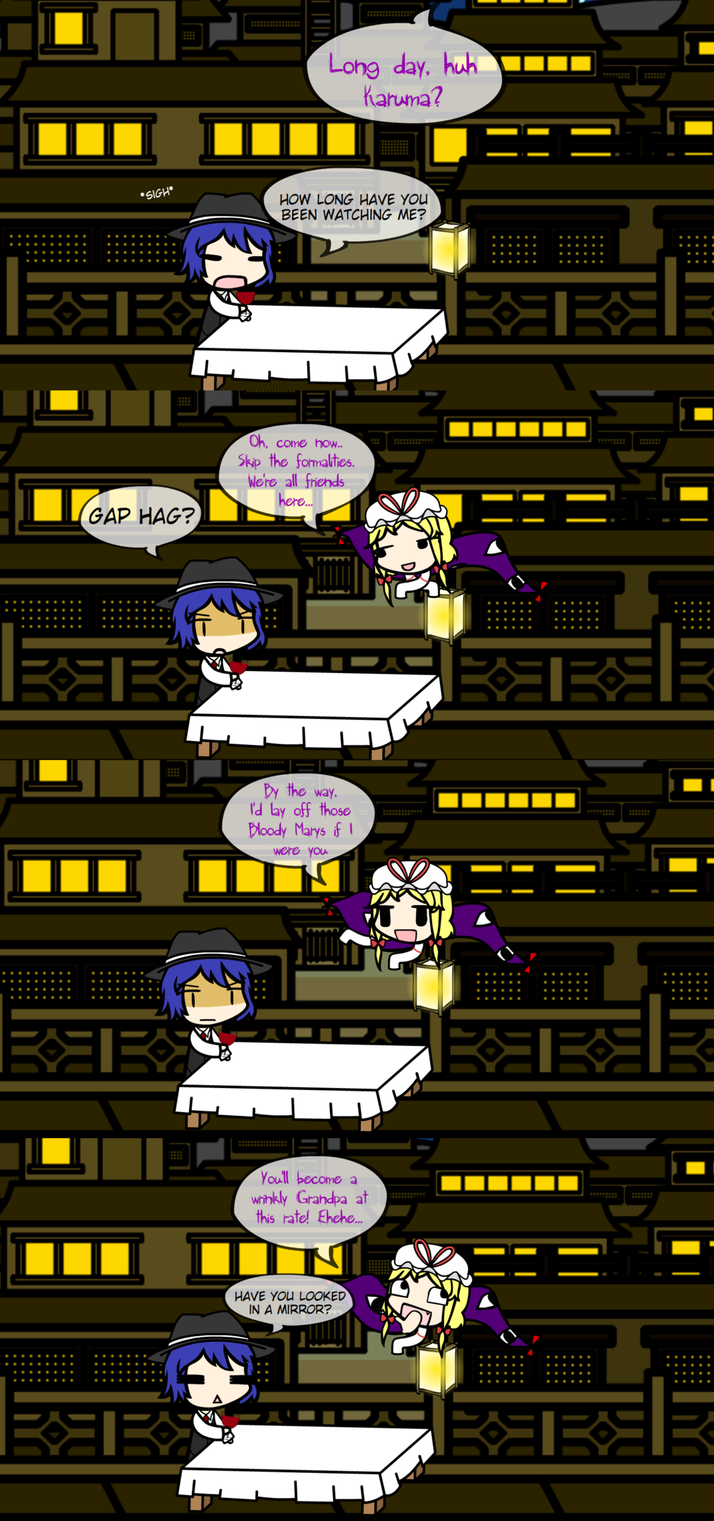 1boy, 1girl, awesome_face, borrowed_character, comic, english, fedora, gap, karuma_shinji, original, sleeves_past_wrists, tobiobito4ever_(thegapyoukai), touhou, walfas, wine, yakumo_yukari