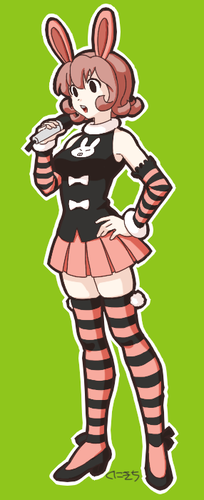 1girl, animal_ears, arm_warmers, bare_shoulders, black_eyes, buck_teeth, full_body, green_background