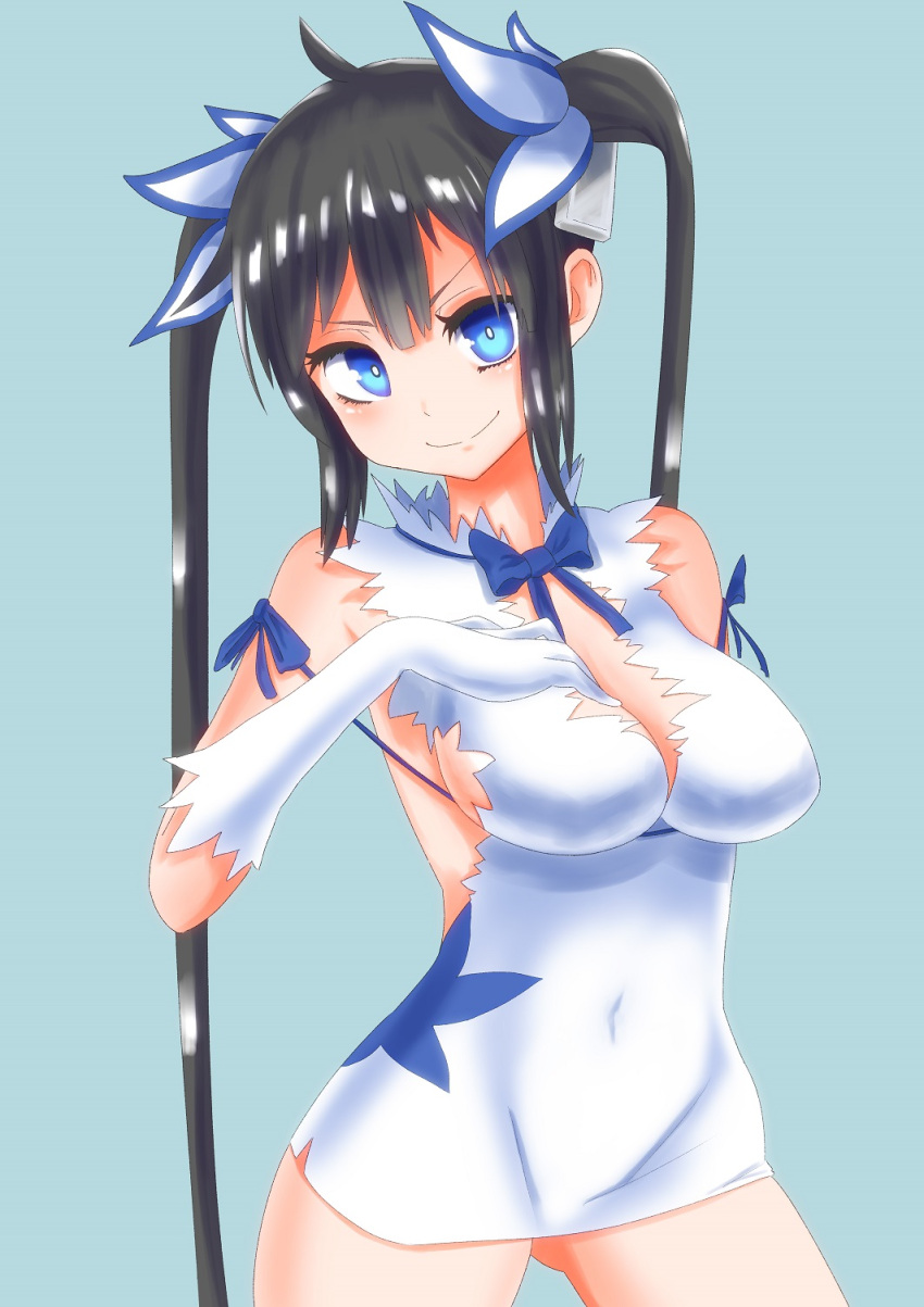 1girl, arm_ribbon, bare_shoulders, black_hair, blue_background, blue_eyes, bow, breasts