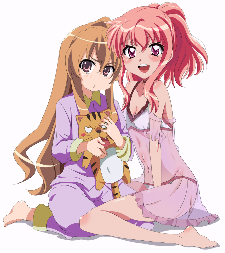 2girls, aisaka_taiga, ascii_media_works, barefoot, bra, brown_eyes, brown_hair, choker