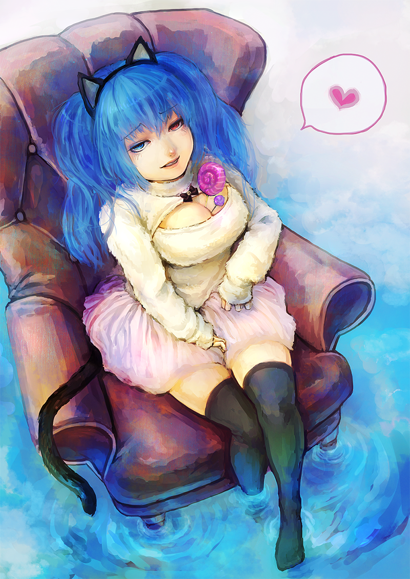 1girl, animal_ears, between_breasts, black_legwear, blue_eyes, blue_hair, breasts, candy
