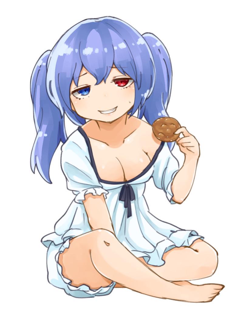 1girl, bare_legs, bloomers, blue_eyes, blue_hair, breasts, cleavage, collarbone, grin, heterochromia, long_hair, looking_at_viewer, mootor, pajamas, red_eyes, short_sleeves, simple_background, sitting, smile, solo, tokyo_ghoul, tokyo_ghoul:re, twintails, underwear, white_background, yonebayashi_saiko