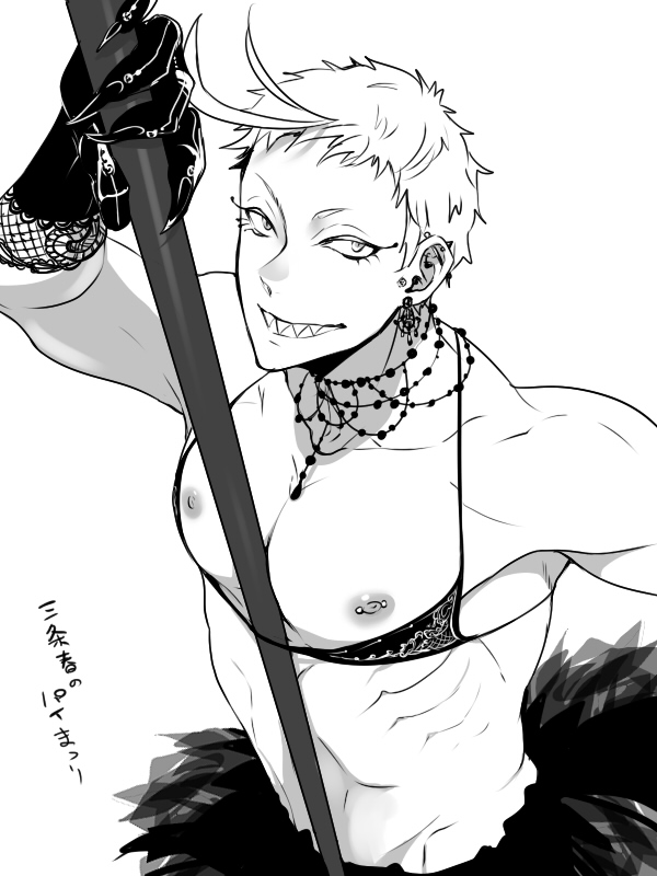 1boy, crossdressinging, earrings, fingernails, gloves, iwatooshi, jewelry, long_fingernails