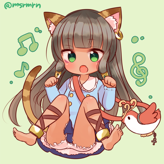 1girl, :o, animal_ears, ankh, anklet, bastet_(p&amp;d), bird, black_hair