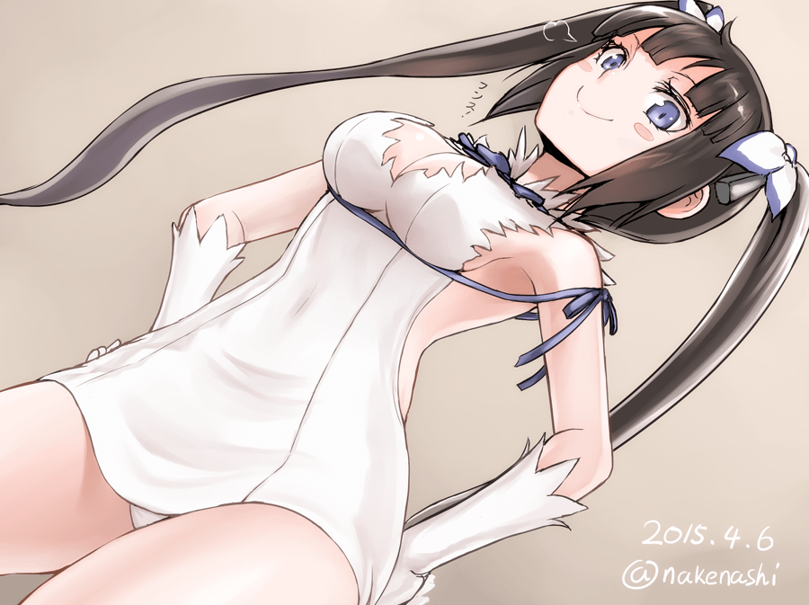 1girl, arm_ribbon, artist_name, bare_shoulders, black_hair, blue_eyes, blush, blush_stickers, bow, breasts, cleavage, cleavage_cutout, covered_navel, dated, dress, dungeon_ni_deai_wo_motomeru_no_wa_machigatteiru_darou_ka, elbow_gloves, gloves, hair_ornament, hair_ribbon, hands_on_hips, hestia_(dungeon), large_breasts, long_hair, looking_at_viewer, panties, pantyshot, pantyshot_(standing), ribbon, short_dress, smile, solo, standing, tea_(nakenashi), twintails, underwear, white_dress, white_gloves, white_panties