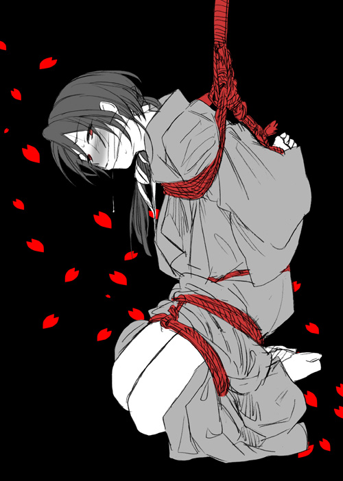 1boy, arms_behind_back, bdsm, black_background, blush, bondage, gagged, japanese_clothes
