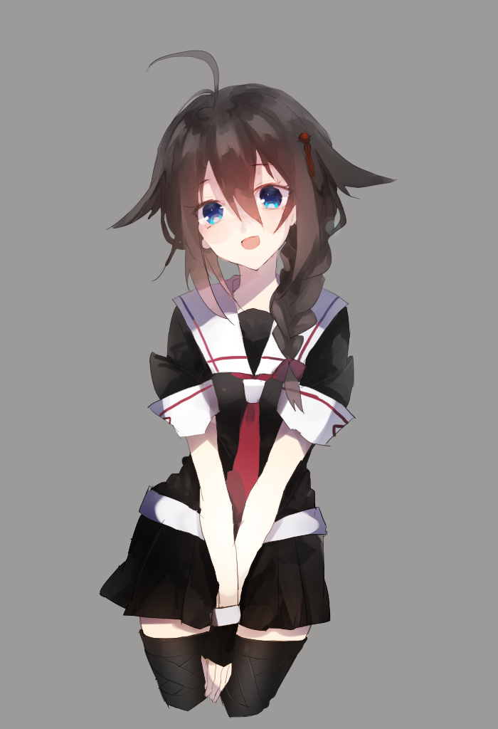 1girl, ahoge, black_hair, blue_eyes, braid, cropped_legs, fingerless_gloves, gloves