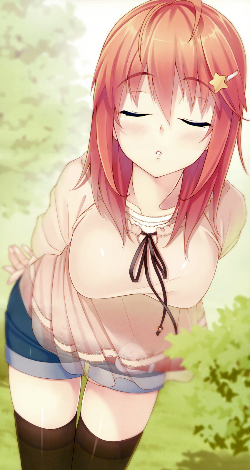 1girl, antenna_hair, arms_behind_back, black_legwear, blurry, blush, closed_eyes, depth_of_field, gin_(ginshari), hair_between_eyes, hair_ornament, hairclip, highres, leaning_forward, long_sleeves, parted_lips, redhead, scan, short_shorts, shorts, solo, star_hair_ornament, thigh-highs