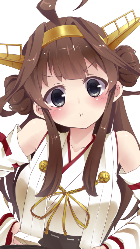 1girl, ahoge, blue_eyes, brown_hair, double_bun, hairband, hand_on_hip, japanese_clothes