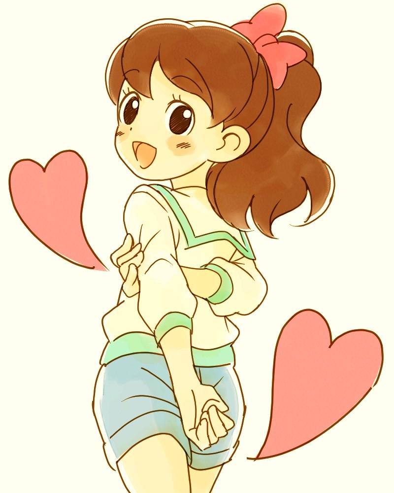 1girl, arms_behind_back, blush, brown_hair, cotoco_(kuuuman), from_behind, heart, high_ponytail