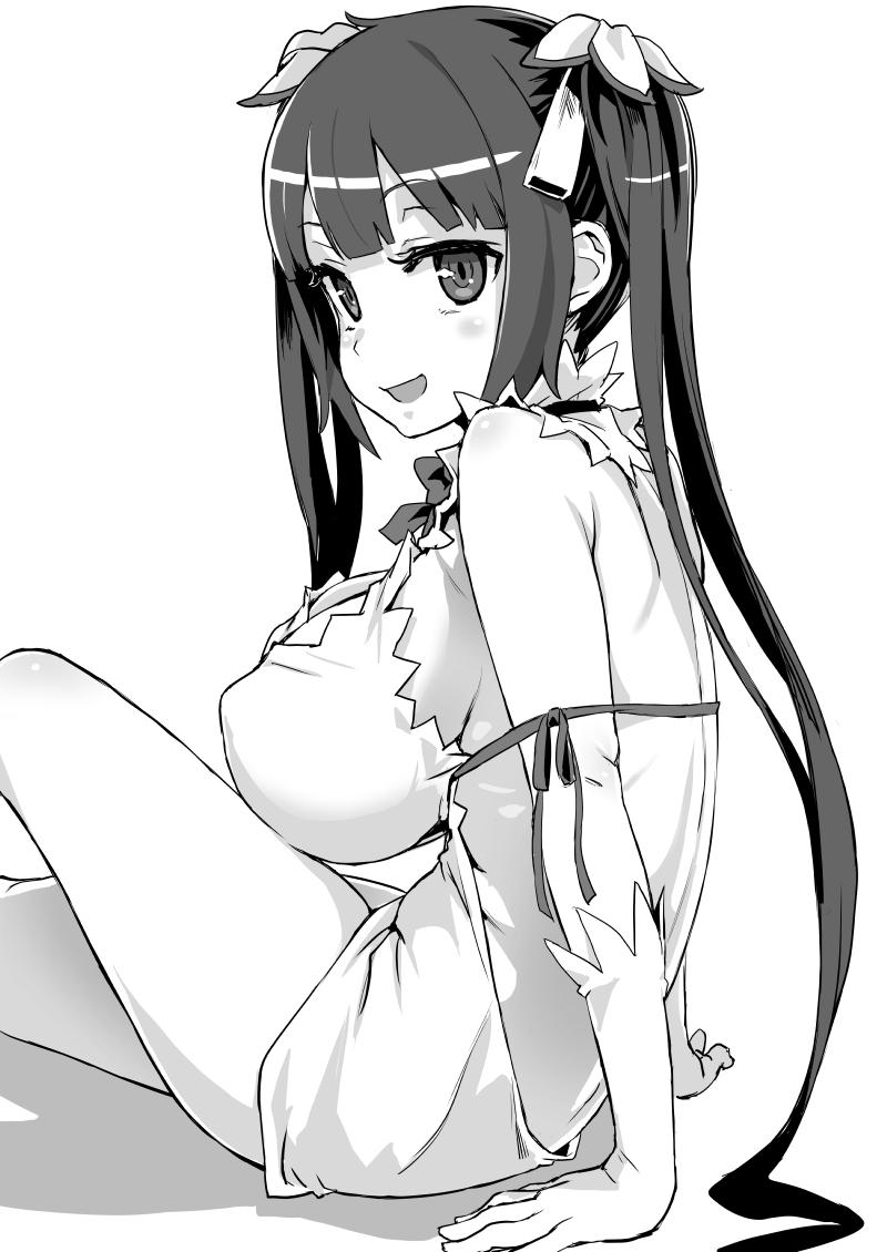 1girl, :d, asanagi, breasts, cleavage, dress, dungeon_ni_deai_wo_motomeru_no_wa_machigatteiru_darou_ka, gloves