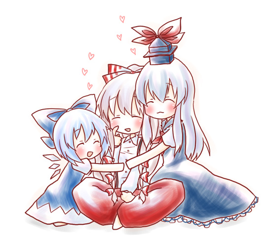 chibi, cirno, closed_eyes, fujiwara_no_mokou, heart, hug, kamishirasawa_keine, kuro_(pixiv60110)