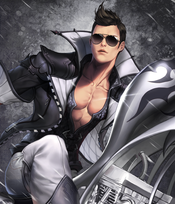 1boy, aviator_glasses, boots, brown_hair, card_(medium), chaos_online, jacket, kanzel_(chaos_online)