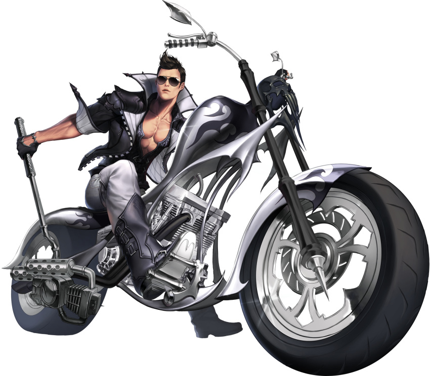 1boy, aviator_glasses, black_gloves, boots, brown_hair, chaos_online, gloves, highres