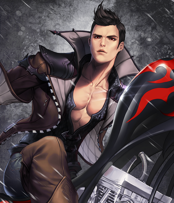 1boy, black_hair, boots, card_(medium), chaos_online, jacket, kanzel_(chaos_online), looking_at_viewer
