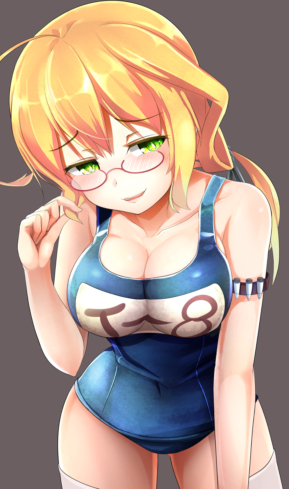 1girl, blonde_hair, blush, breasts, glasses, green_eyes, highres, i-8_(kantai_collection)