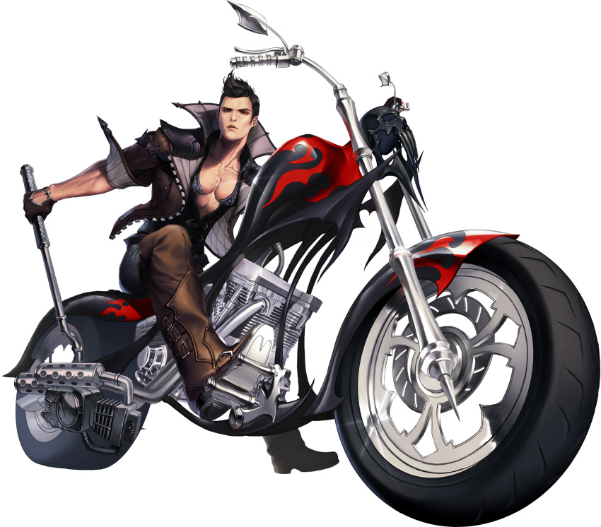 1boy, black_hair, boots, brown_gloves, chaos_online, gloves, highres, jacket, kanzel_(chaos_online), looking_at_viewer, love_cacao, male_focus, motor_vehicle, motorcycle, official_art, open_clothes, open_jacket, red_eyes, short_hair, simple_background, solo, transparent_background, vehicle