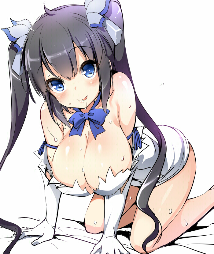 1girl, :p, ajishio, all_fours, arm_ribbon, bare_shoulders, black_hair, blue_eyes