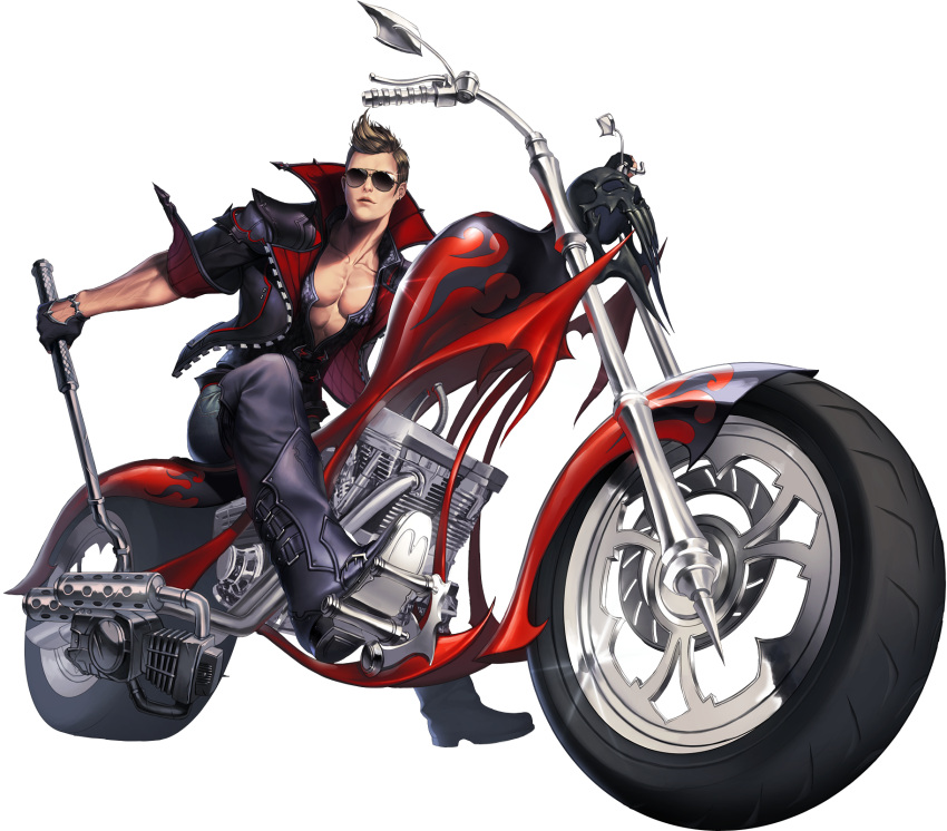 1boy, aviator_glasses, black_gloves, boots, brown_hair, chaos_online, gloves, highres