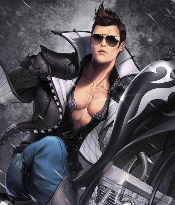 1boy, aviator_glasses, boots, brown_hair, card_(medium), chaos_online, jacket, kanzel_(chaos_online)