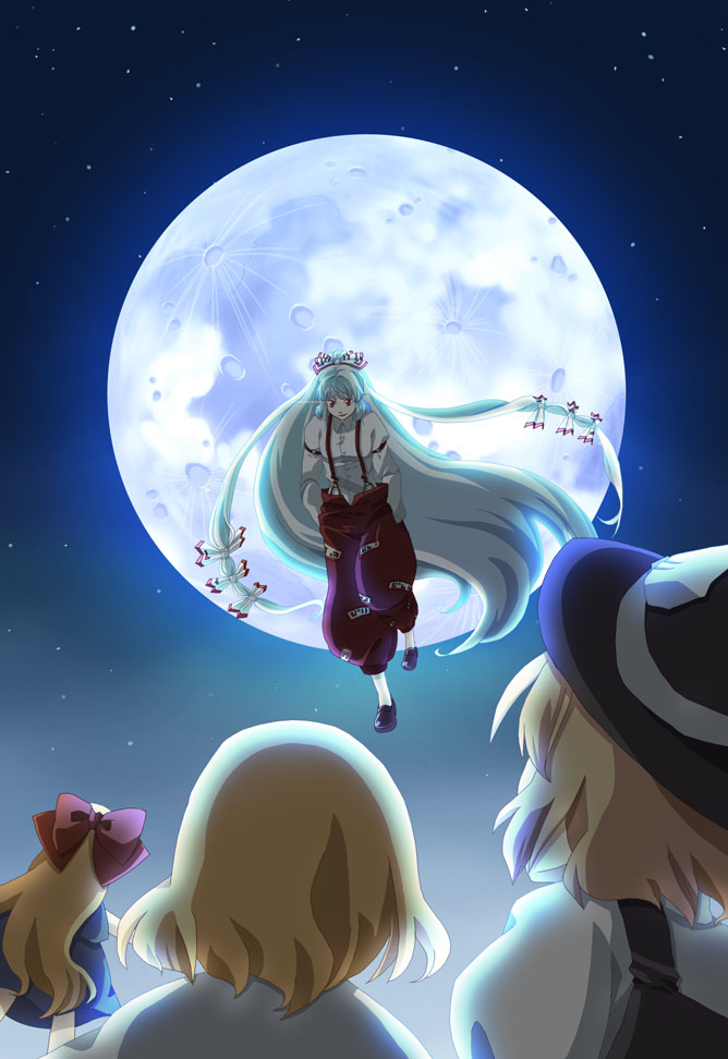backlighting, backlit, blonde_hair, floating, fujiwara_no_mokou, full_moon, futoshi, glowing
