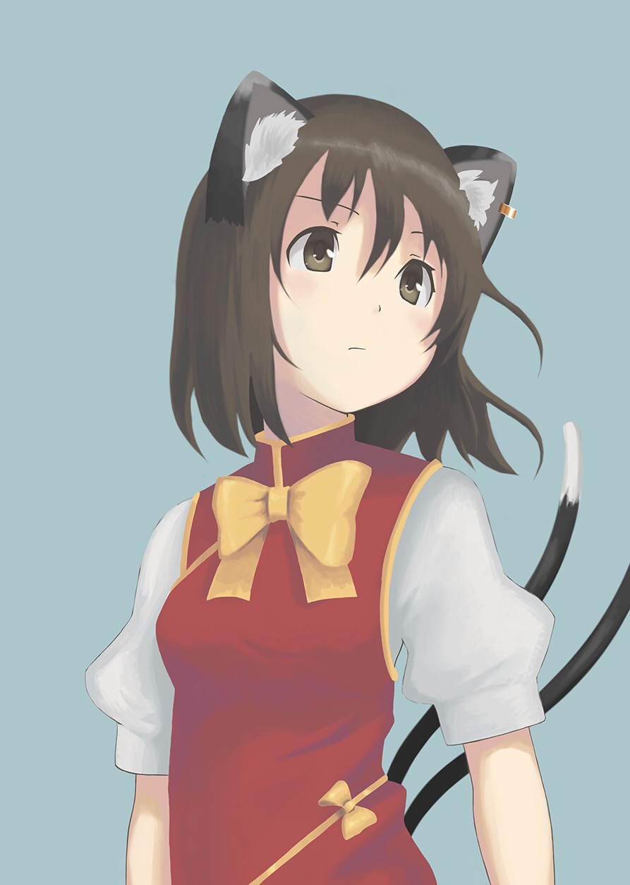 1girl, animal_ears, blue_background, brown_eyes, brown_hair, cat_ears, cat_tail, chen