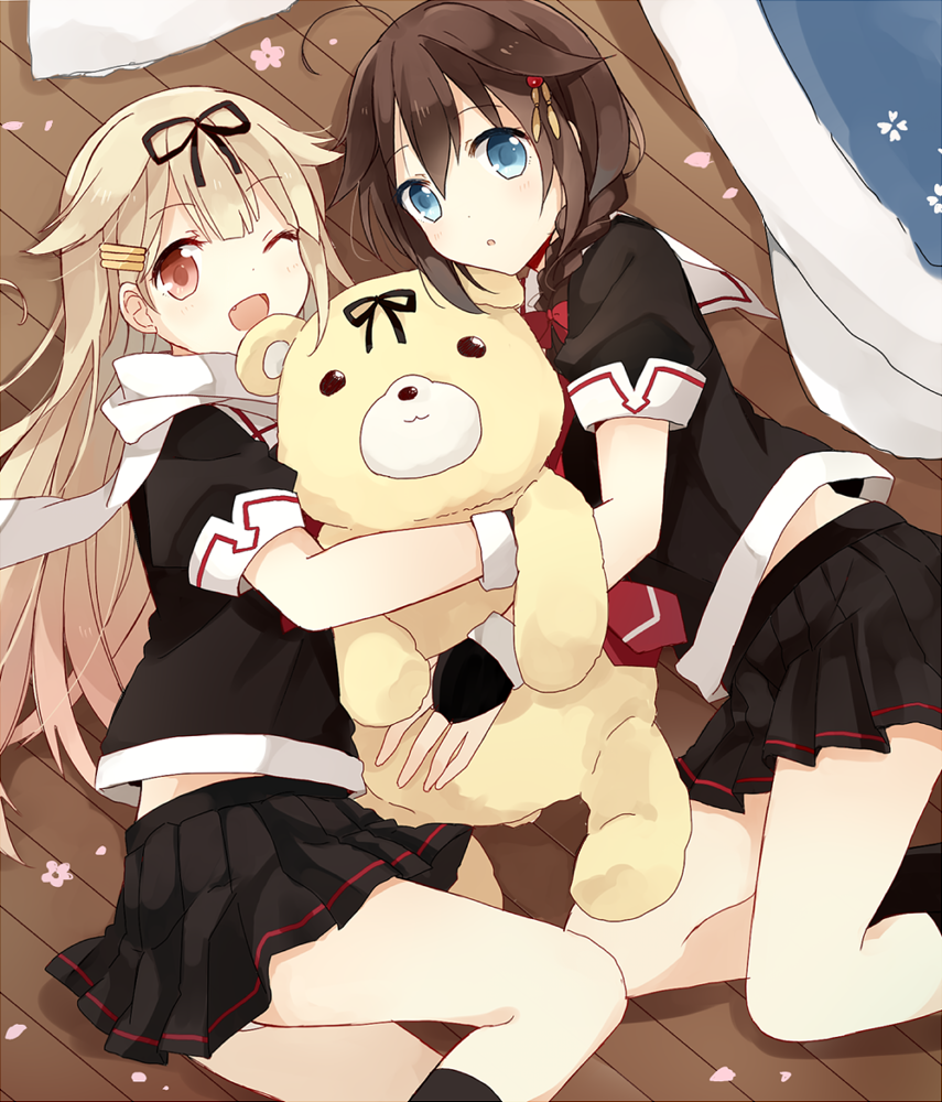 2girls, a_(artist), black_hair, blonde_hair, blue_eyes, braid, gloves, hair_ornament, hair_ribbon, hairclip, kantai_collection, long_hair, lying, multiple_girls, red_eyes, remodel_(kantai_collection), ribbon, school_uniform, serafuku, shigure_(kantai_collection), smile, stuffed_animal, stuffed_toy, teddy_bear, winking, yuudachi_(kantai_collection)