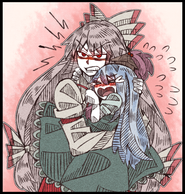 2girls, albino, angry, blue_hair, blush, border, bow, closed_eyes