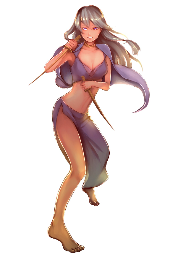 1girl, 3_degrees_celsius, bare_legs, barefoot, brown_hair, dark_skin, dress, dual_wielding