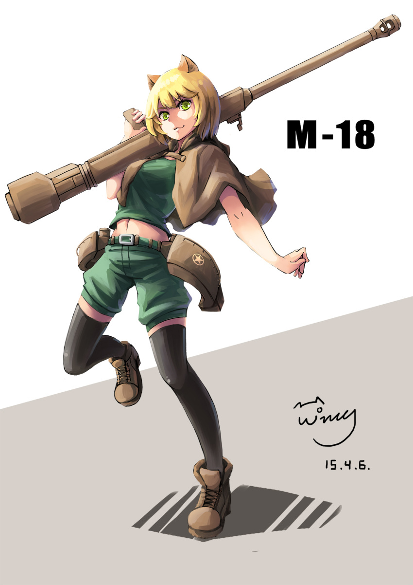 :3, animal_ears, belt, blonde_hair, boots, cannon, cat_ears, character_name