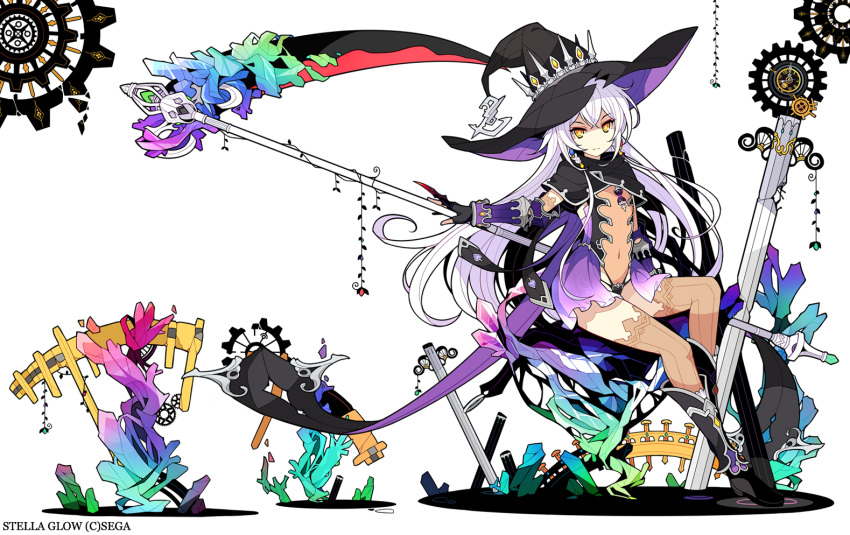 1girl, black_gloves, boots, brown_legwear, fingerless_gloves, gloves, hat, hilda_(stella_glow), ideolo, long_hair, looking_at_viewer, navel, scythe, see-through, silver_hair, sitting, solo, stella_glow, thigh-highs, witch_hat, yellow_eyes