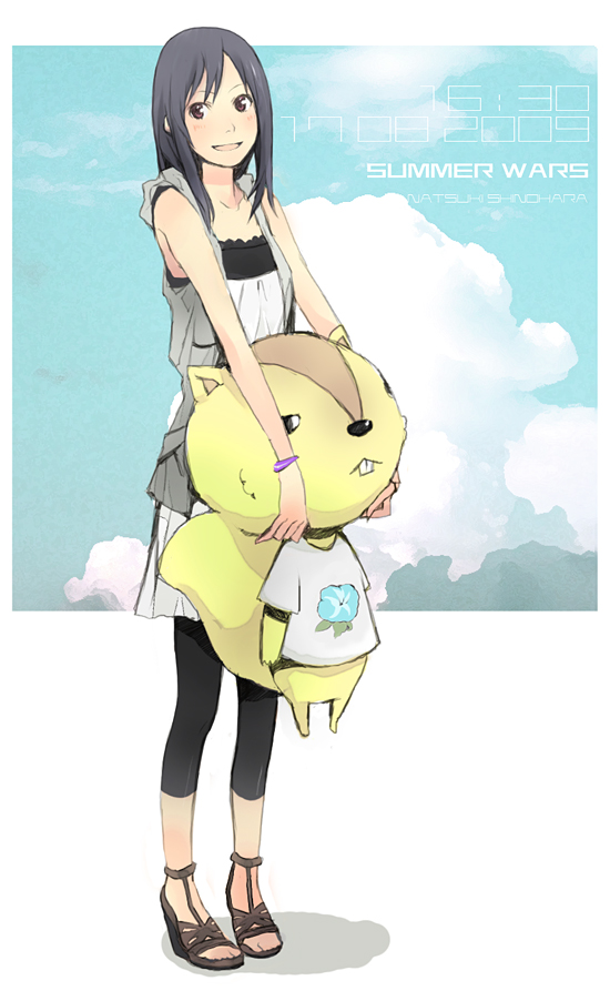 black_legwear, blush, brown_eyes, kari-kenji, leggings, sandals, shinohara_natsuki, stuffed_animal