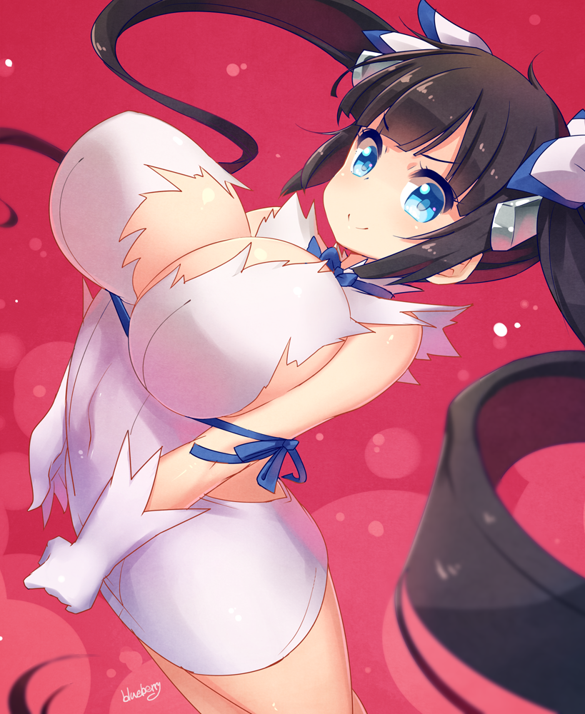 1girl, arm_ribbon, artist_name, bare_shoulders, black_hair, blue_eyes, blueberry_(5959), bow